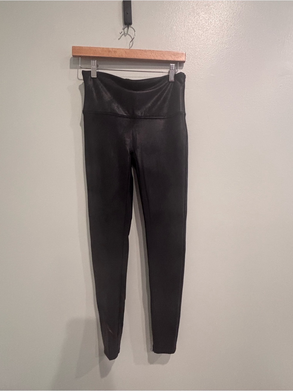SPANX L EUC Black Faux Leather Leggings with Red Brand Tab